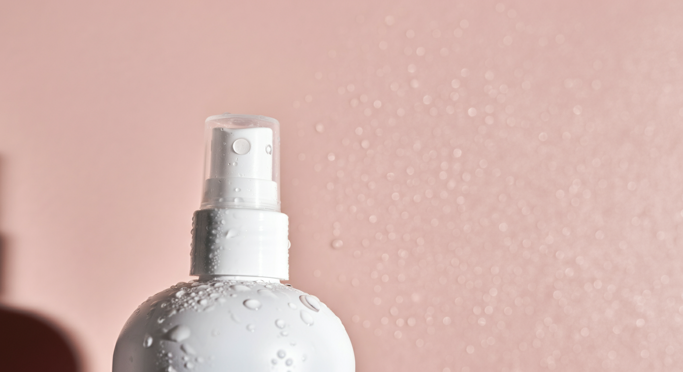 シンプルなマットホワイトの消臭スプレーボトルに、純粋さを感じさせる透明な水滴がついているマクロ写真。