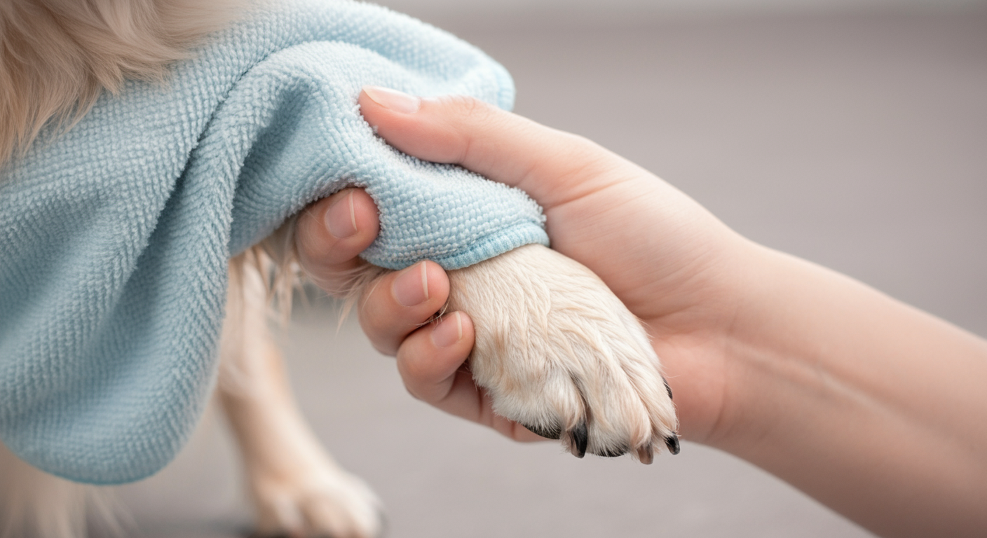パステルカラーの柔らかいタオルで、一匹の犬の足を優しく拭いている様子のクローズアップ。