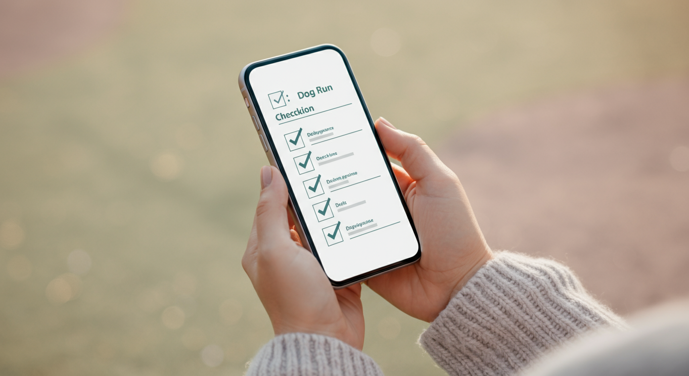 ドッグランを背景に、チェックリストが表示されたスマートフォンを持つ手の写真。事前の下見の重要性を示している。