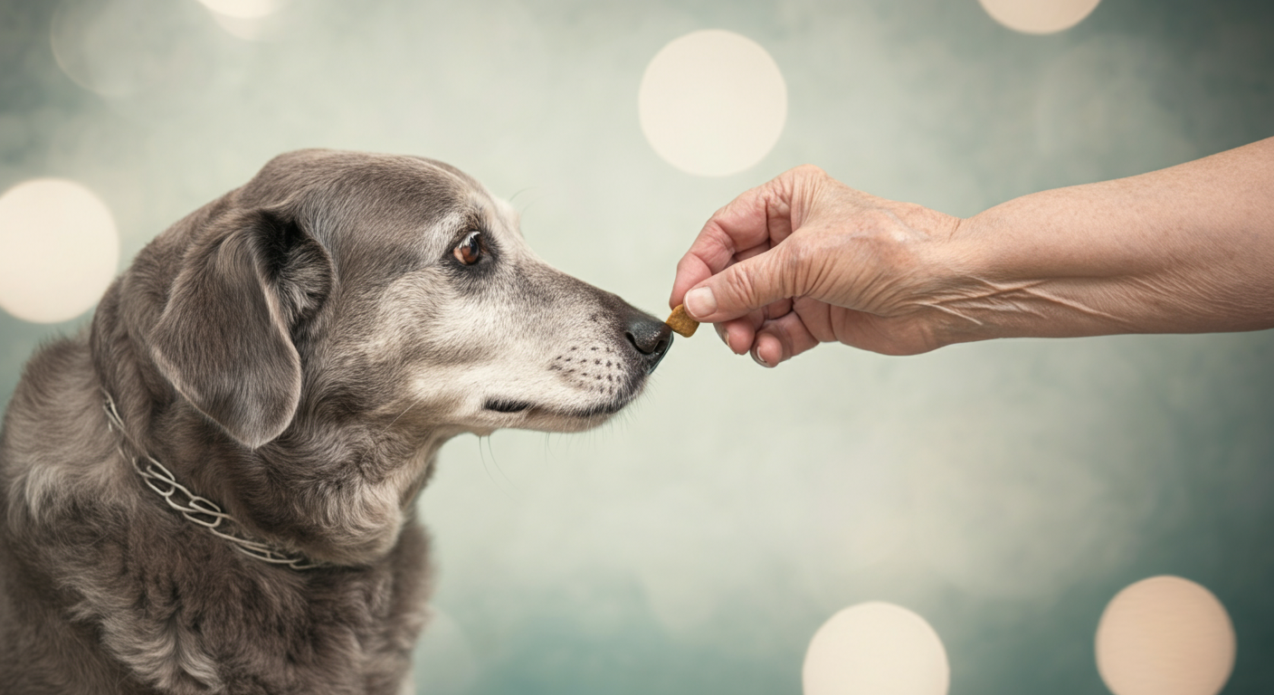 シニア犬に、高齢の飼い主が優しい手つきでおやつを与えている、信頼関係が伝わる写真。