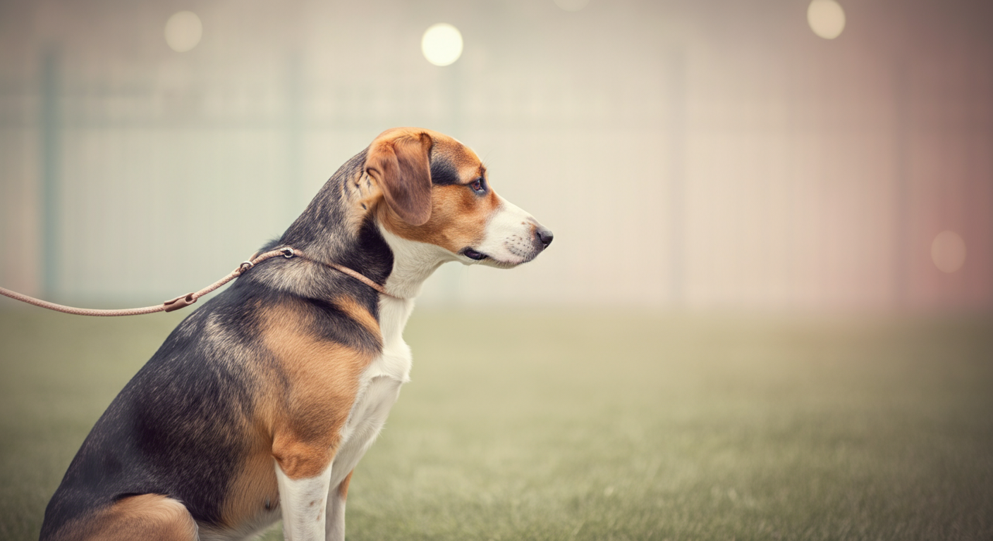 リードをつけた犬が、ドッグランの入り口らしき場所で落ち着いておすわりしている。