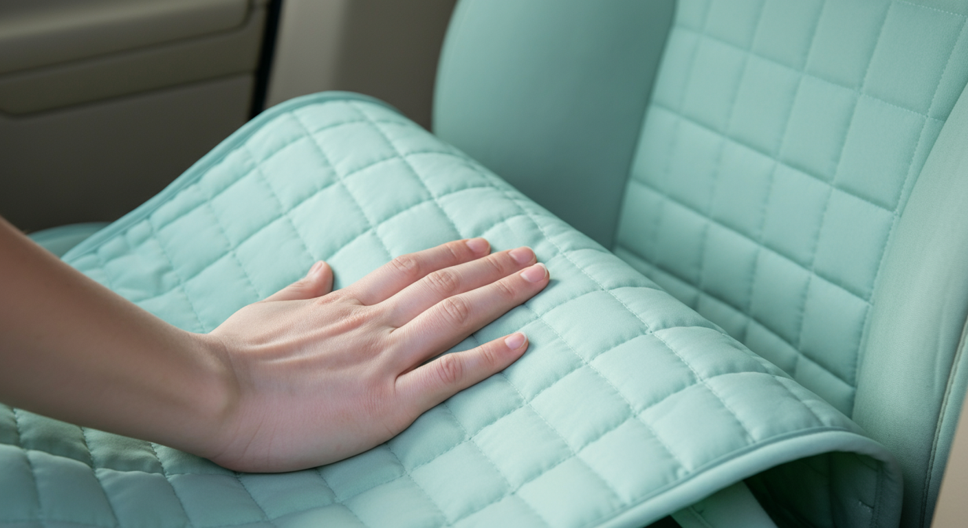 ミントグリーンのキルティング生地でできたシートカバーの柔らかな質感を、手が優しく撫でている様子のクローズアップ写真。