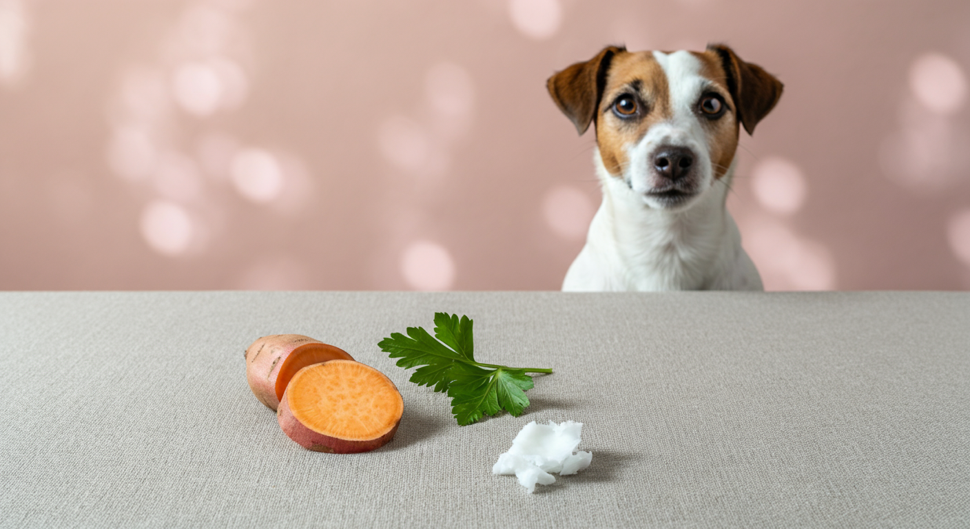 さつまいも、パセリ、ココナッツオイルといったシンプルな食材がリネンの上に並べられたミニマルな俯瞰写真。