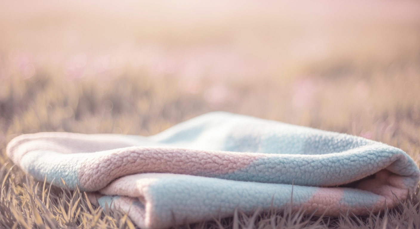 ドッグランの隅に置かれた、居心地の良さそうな犬用ブランケットのクローズアップ。