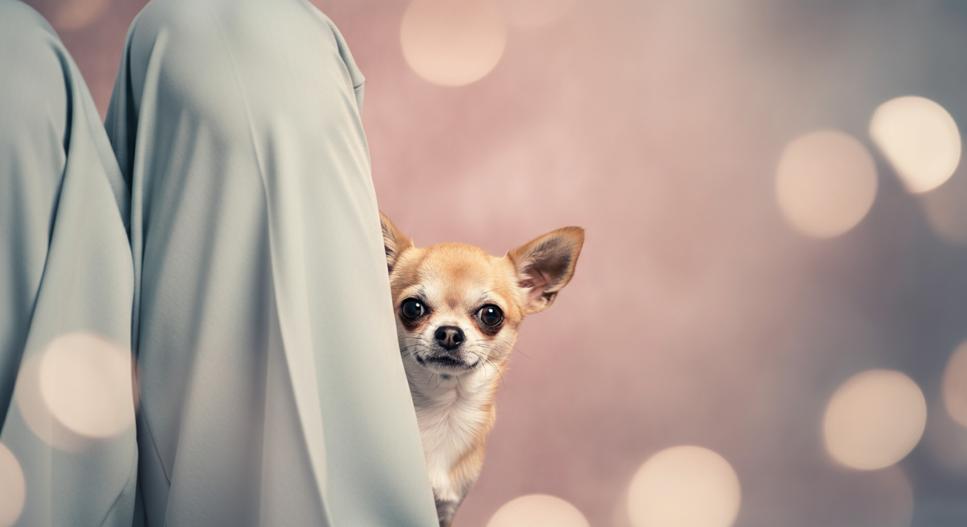 飼い主の足の後ろに隠れている小さなチワワ。飼い主が安全な場所であることを象徴する写真。