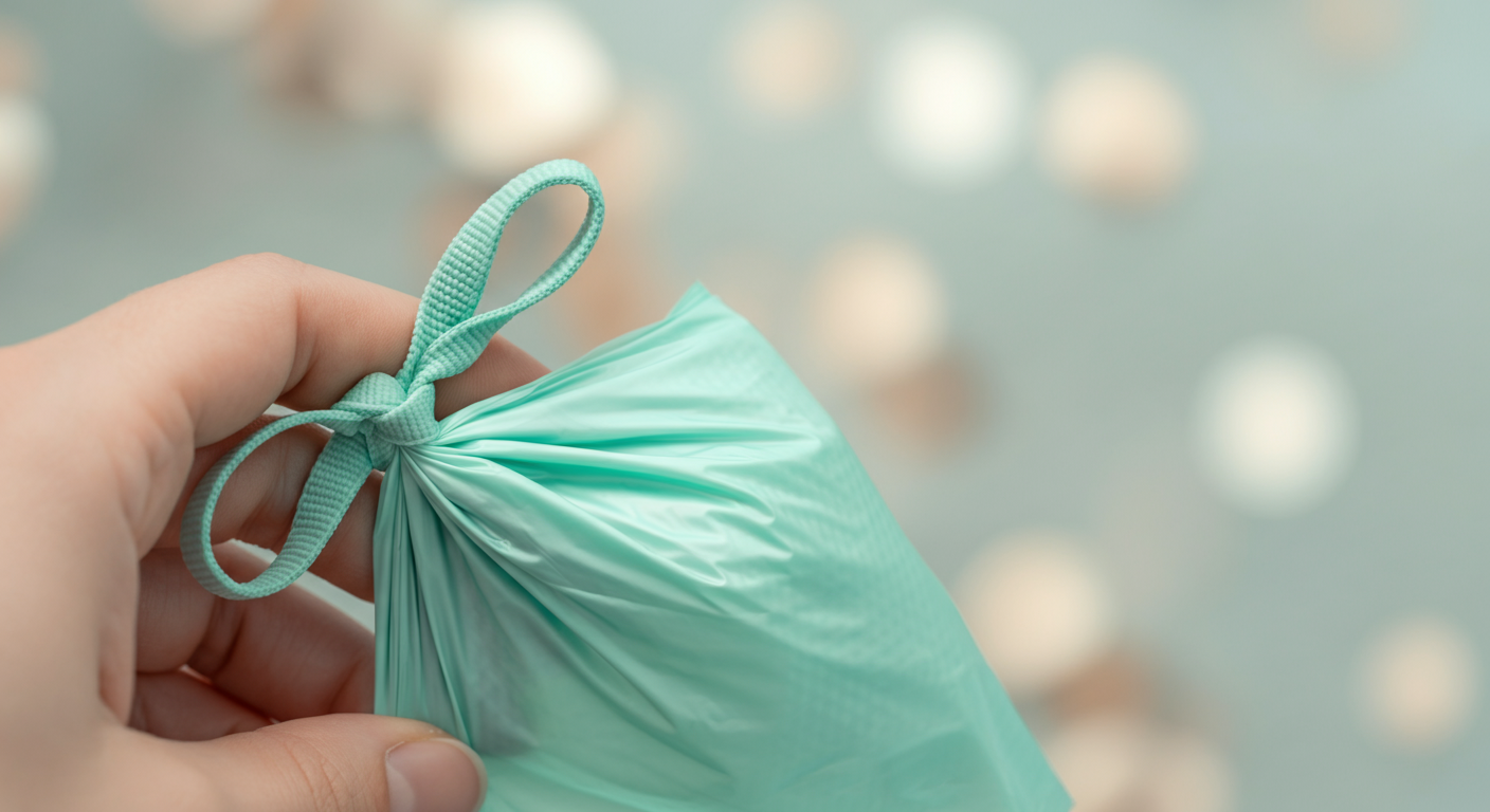 ミントグリーンのうんち袋の便利な取っ手部分を、指でつまんだクローズアップ写真。