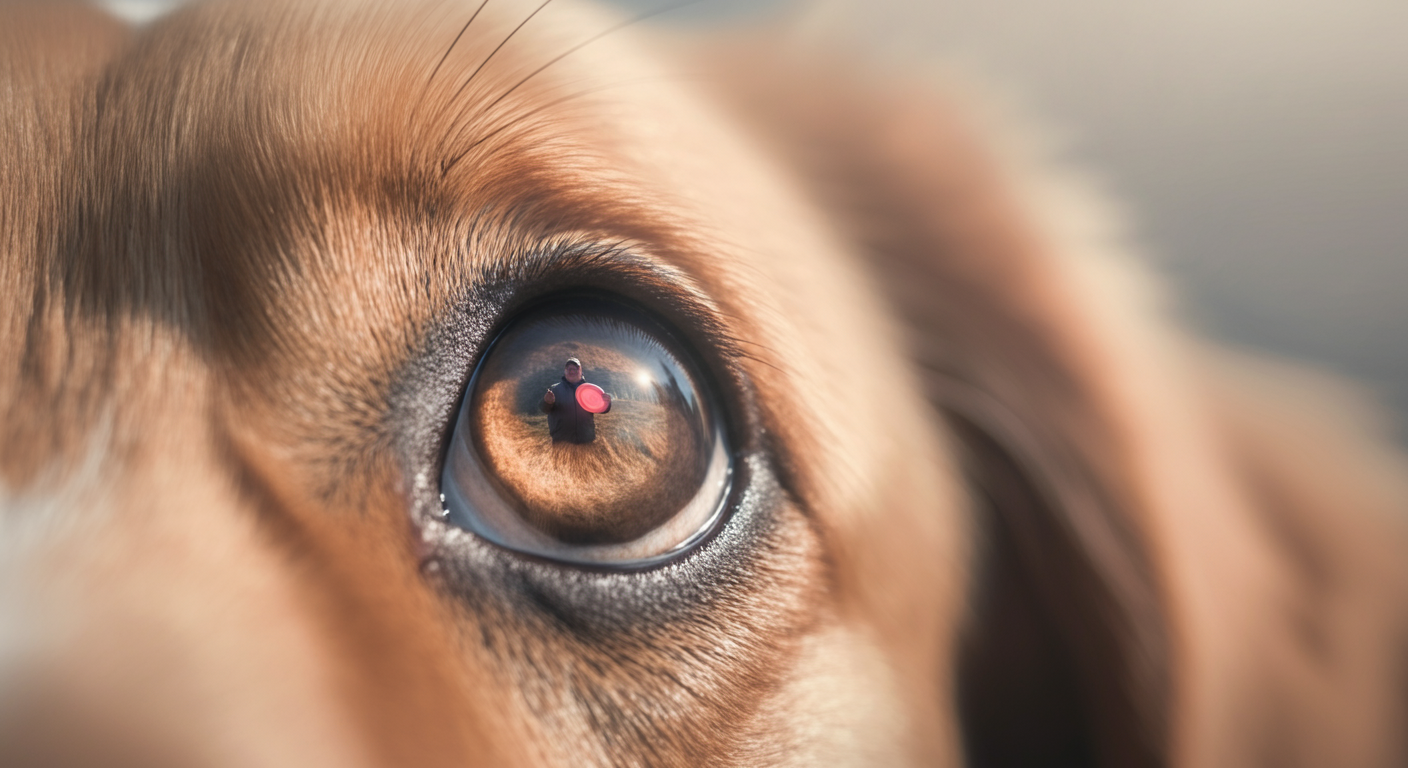 飼い主をじっと見つめる犬の瞳のクローズアップ。瞳にはフリスビーを持つ飼い主の姿が映り込んでいる。