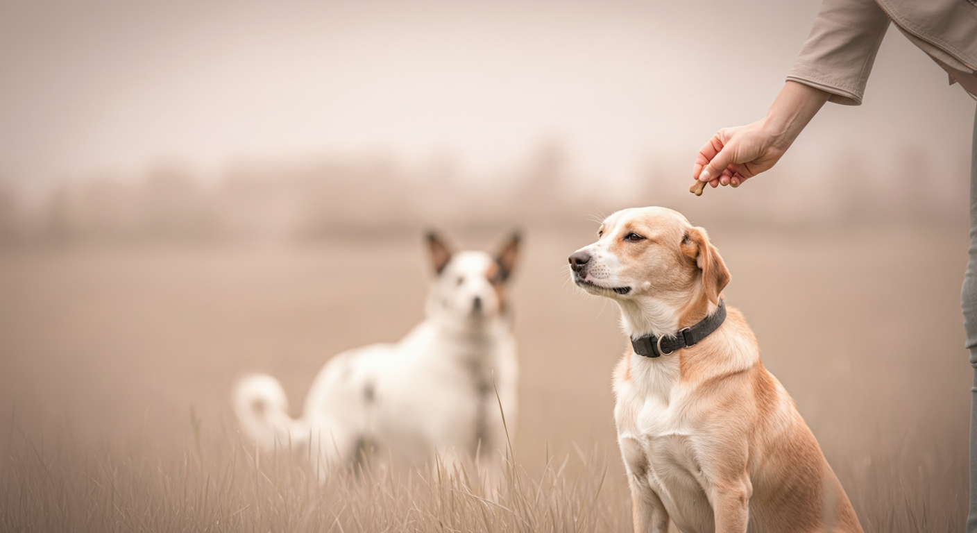 ドッグランで飼い主の隣に座り、おやつに集中している犬の姿。遠くには他の犬がぼんやりと写っている。