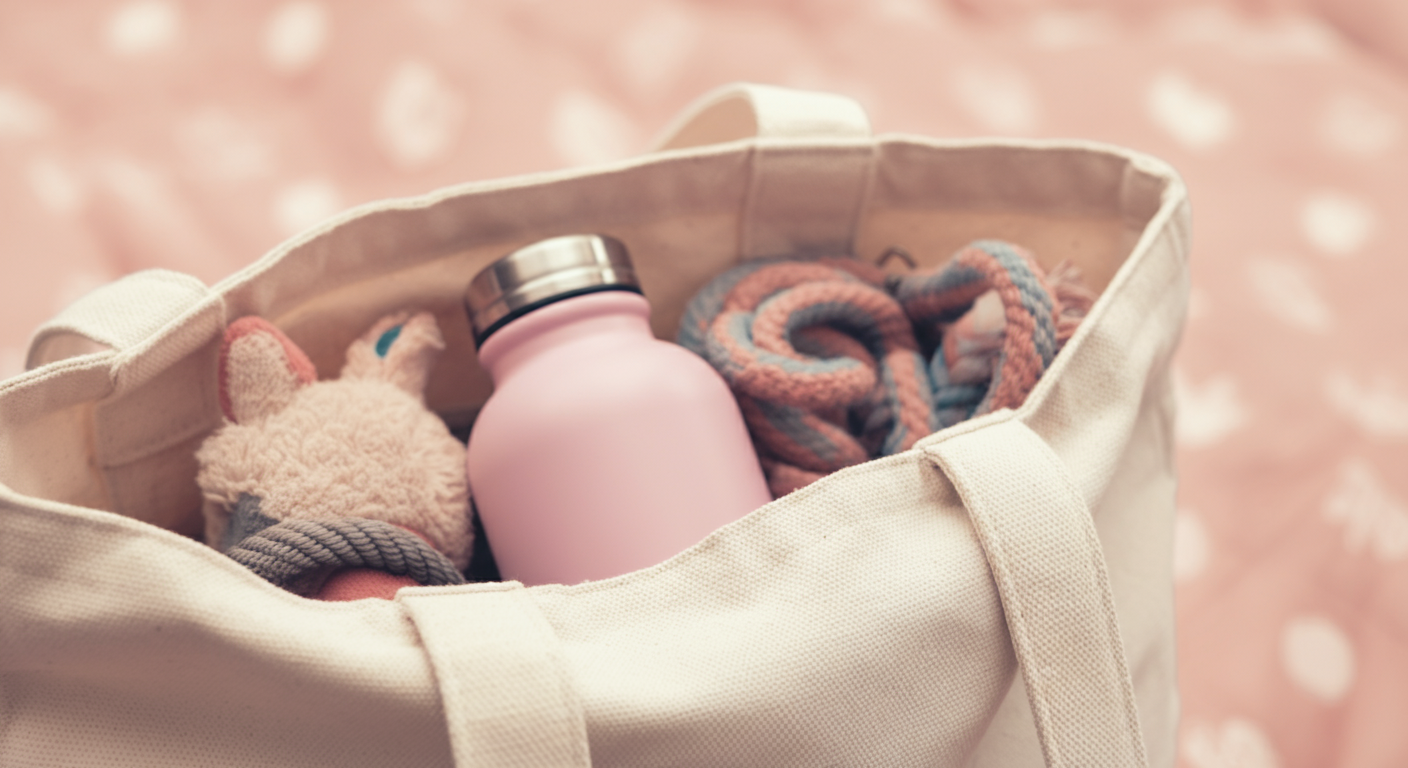 パステルカラーのドッグラン用持ち物がおしゃれなバッグに準備されている様子。