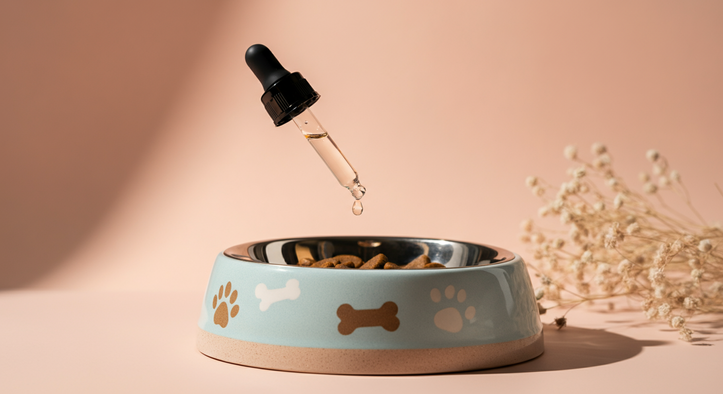 犬用のフードボウルにサプリメントを数滴垂らしている様子。