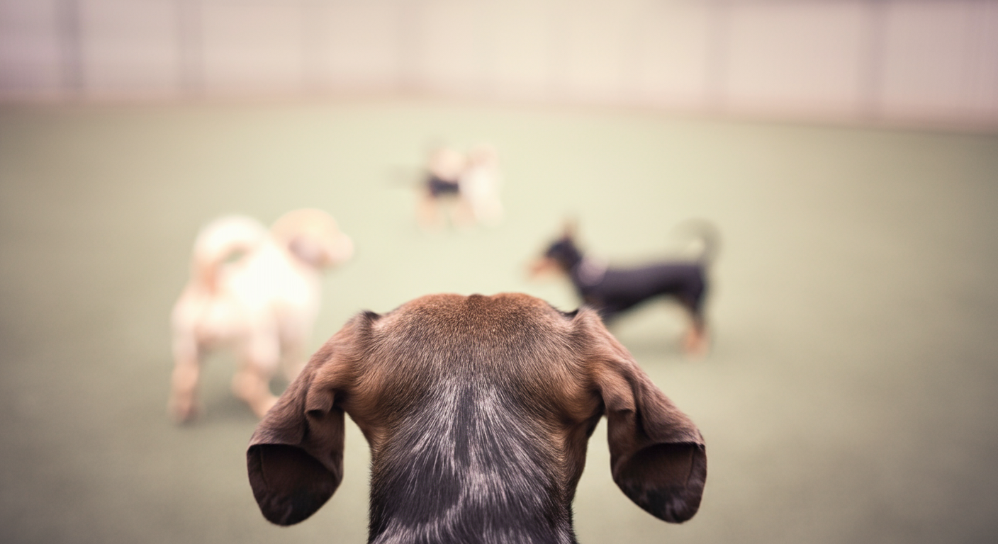 椅子に座る飼い主の膝の上に乗った一匹のダックスフントが、遠くで遊ぶ他の犬たちを眺めている。