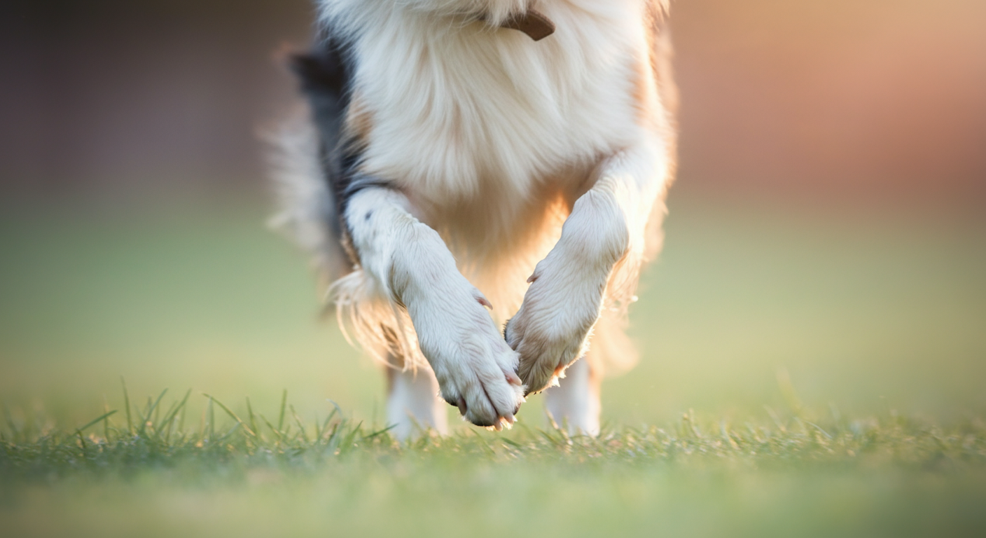 朝日を浴びて緑の芝生の上を軽やかに走る犬の足元のクローズアップ。