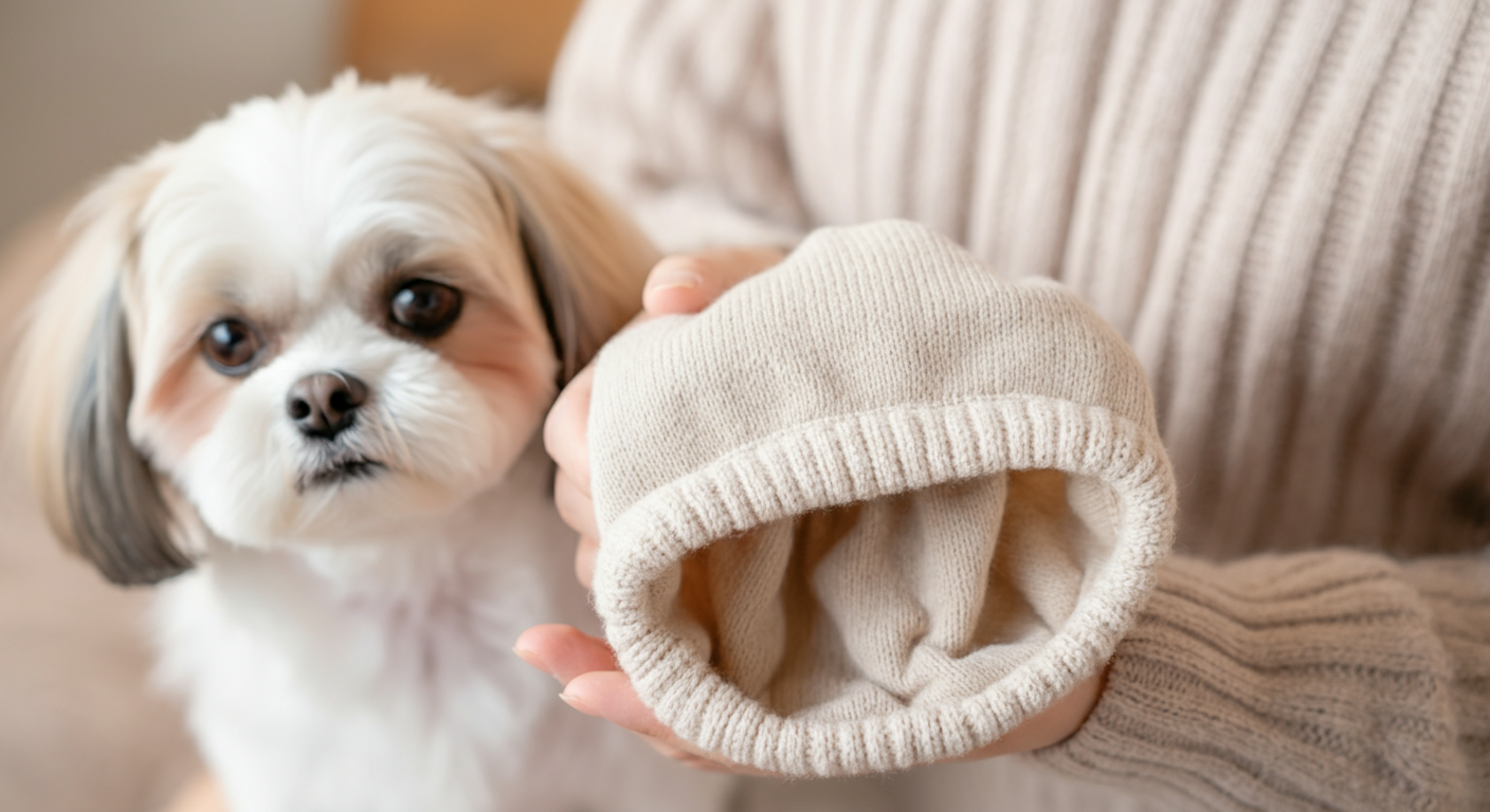 人の手がベージュ色の犬用帽子を優しく持っている。オーガニックコットンの柔らかい質感を強調した写真。
