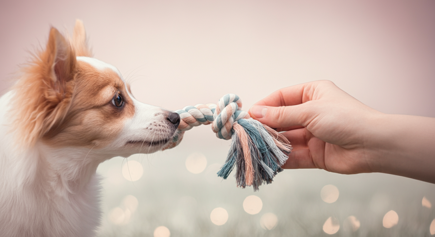 飼い主が犬に優しくロープのおもちゃを差し出している手元のクローズアップ写真。