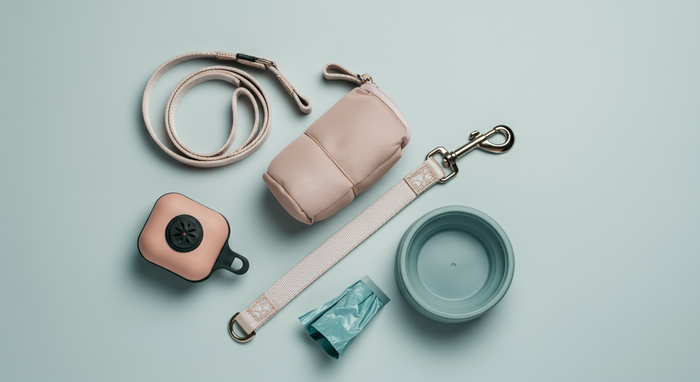 パステルカラーの背景に、リード、うんち袋、折りたたみ式の水入れがミニマルに配置されたおしゃれな写真。
