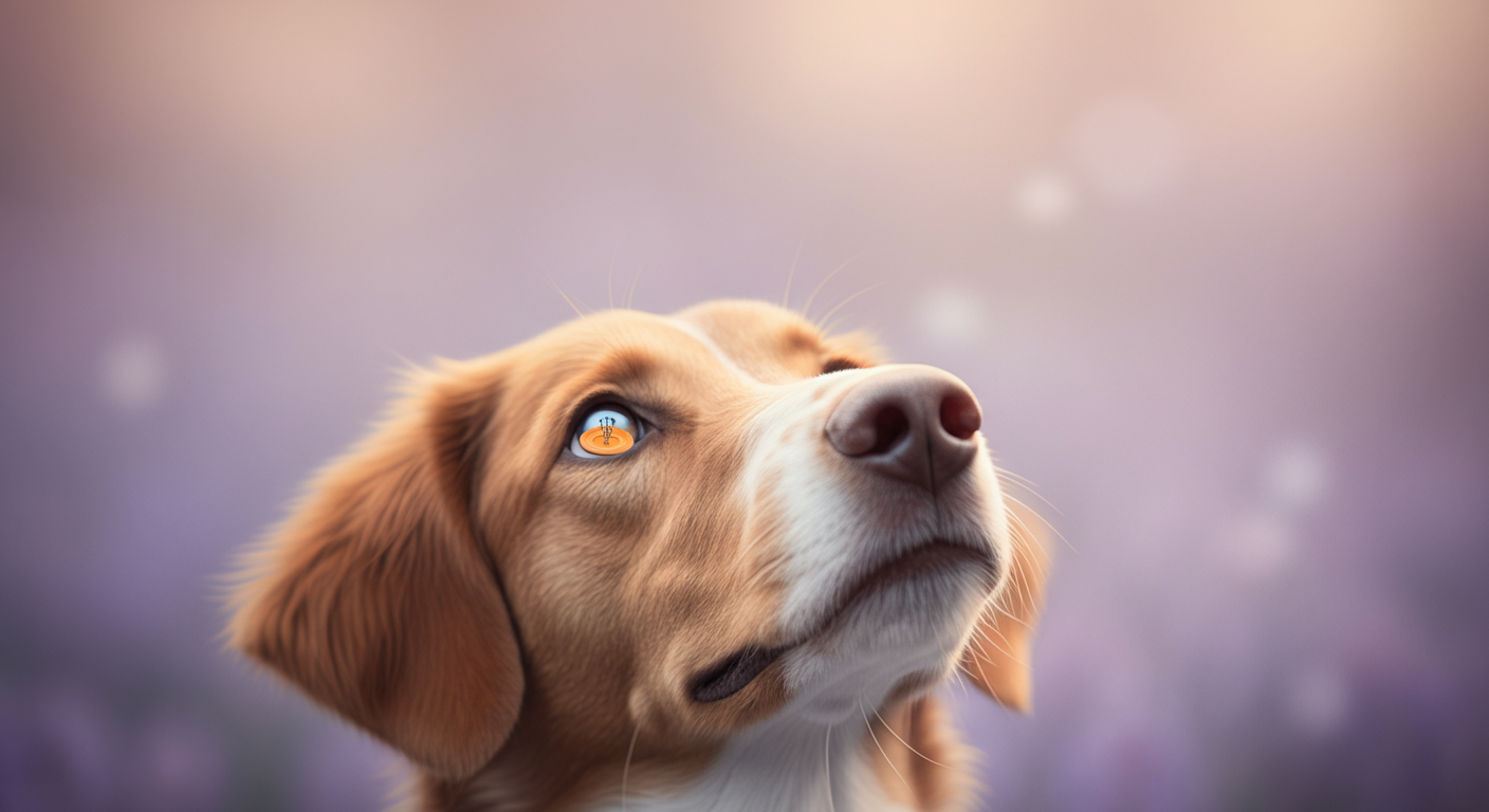 犬の賢そうな瞳のクローズアップ。瞳にはフリスビーの曲線が映り込んでいる。