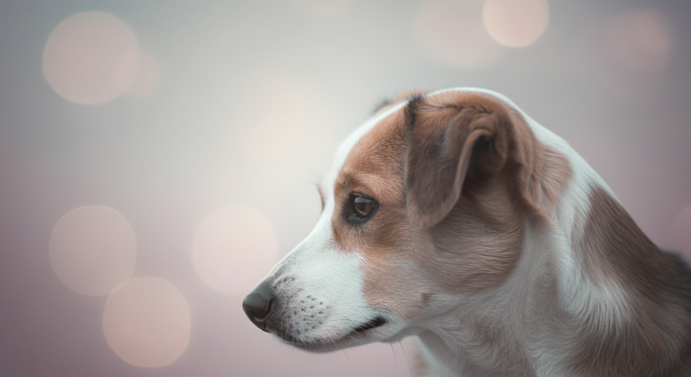 パステルカラーの背景に、犬が少しだけ顔をそむけている様子の、柔らかく抽象的な写真。