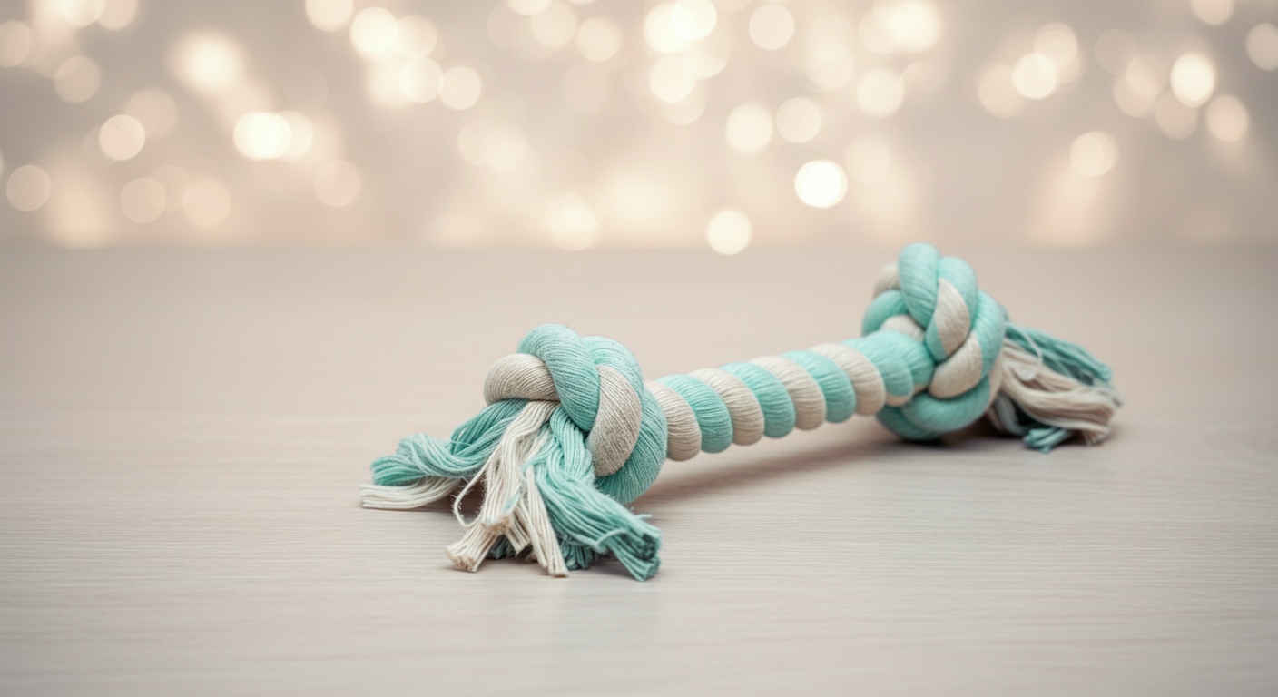 パステルカラーを基調としたミニマルな写真。ドッグランでの使用に適した、丈夫で安全なミントグリーンのロープのおもちゃがクローズアップで写されている。