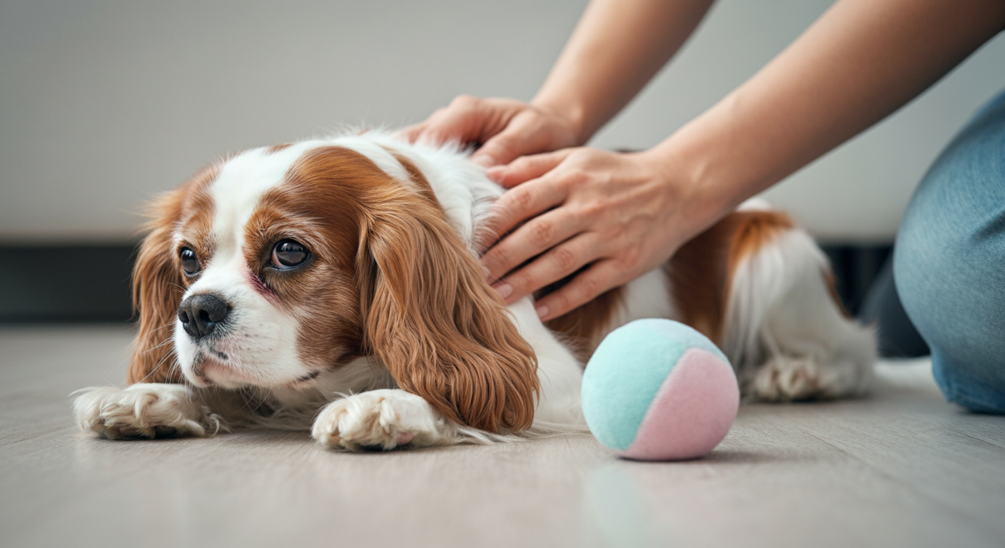 床の上のボールのそばで、飼い主がシニアのキャバリア犬の肩を優しくマッサージしている様子。