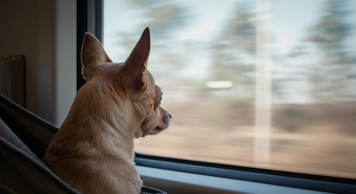 電車の中、スリングの中から窓の外の景色を静かに眺めている犬の後頭部。