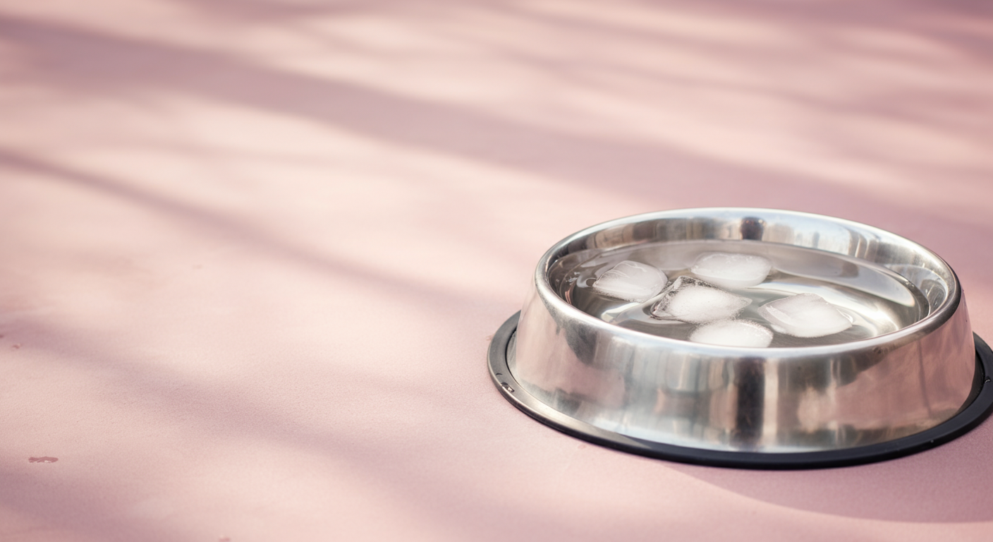 暑い日を思わせる、氷が浮かんだ犬用の水入れのクローズアップ