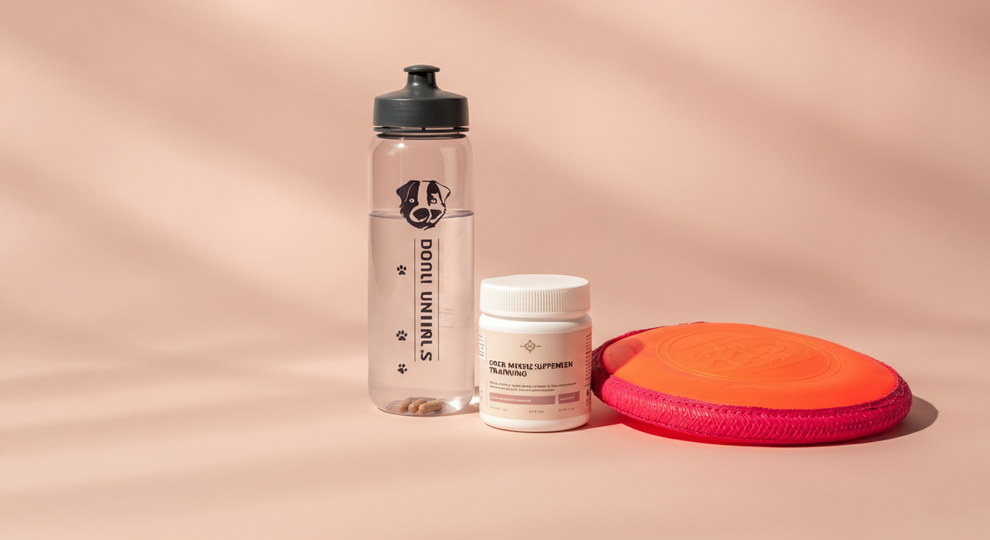 犬用の水筒、サプリメント容器、フリスビーが整然と並べられた写真