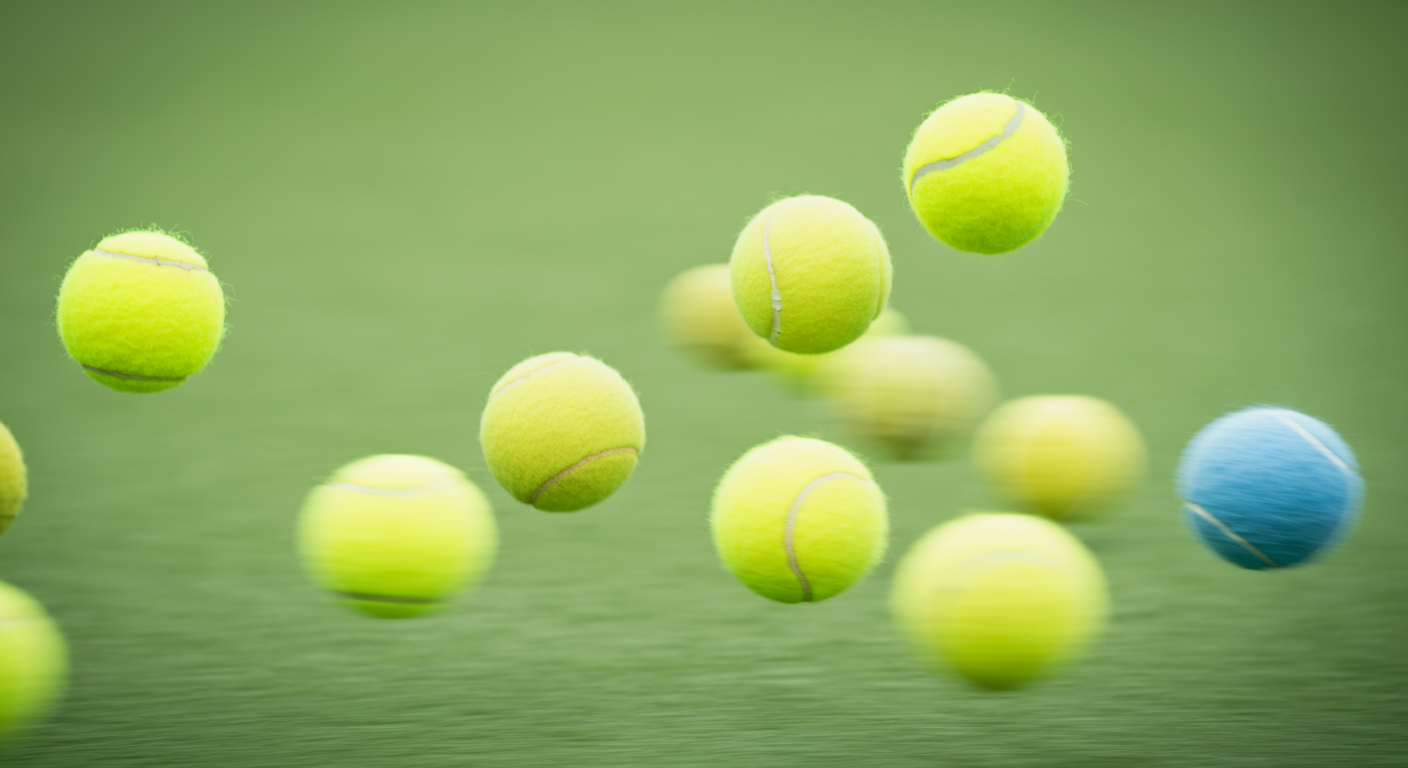 緑の背景の上で、カラフルなテニスボールが動きながら散らばっている抽象的な写真。ドッグランの刺激的な環境を表現している。