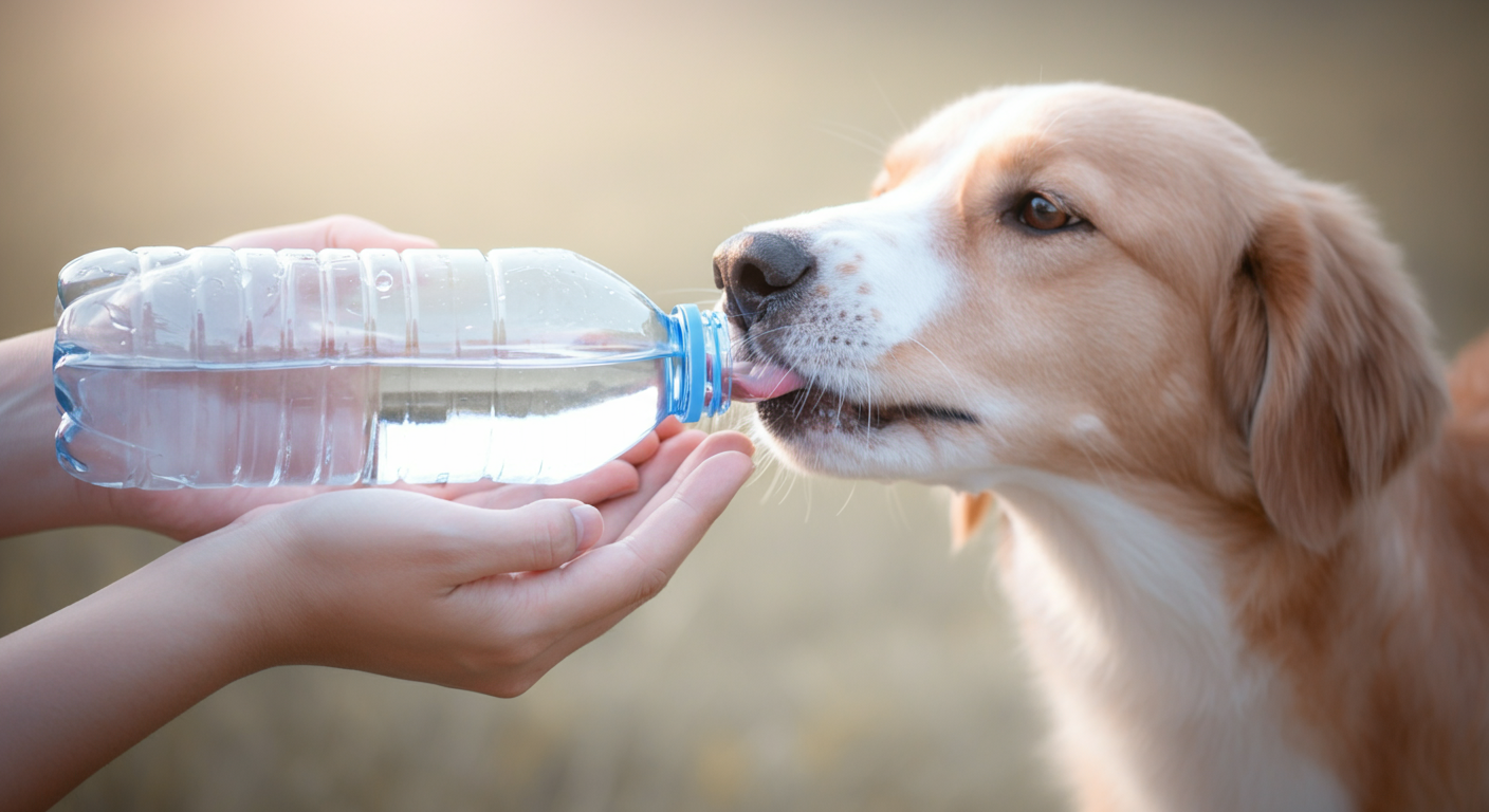 人の両手で作った器にペットボトルから水が注がれ、犬がそれを飲もうとしている様子のクローズアップ写真。