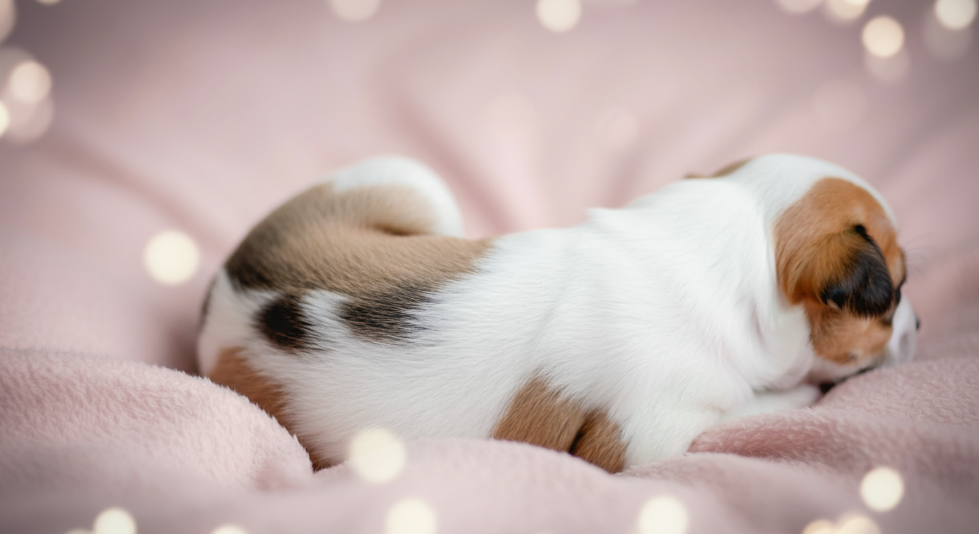 パステルピンクのブランケットの上で丸くなる子犬の背中の毛並みのアップ。