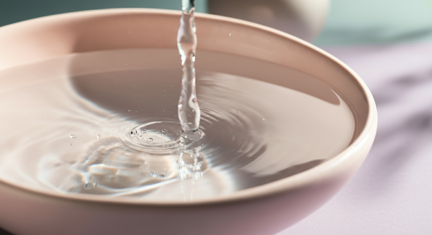 きれいな水が注がれている水飲みボウルのマクロ撮影。ボウルの深さと形が強調されている。