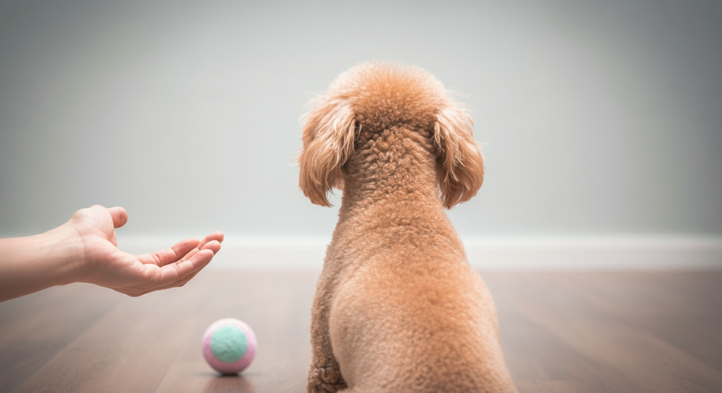 犬の背後からのローアングル写真。犬の前にはボールが置かれ、ぼやけた背景にいる飼い主の差し出された手に期待の眼差しを向けている。