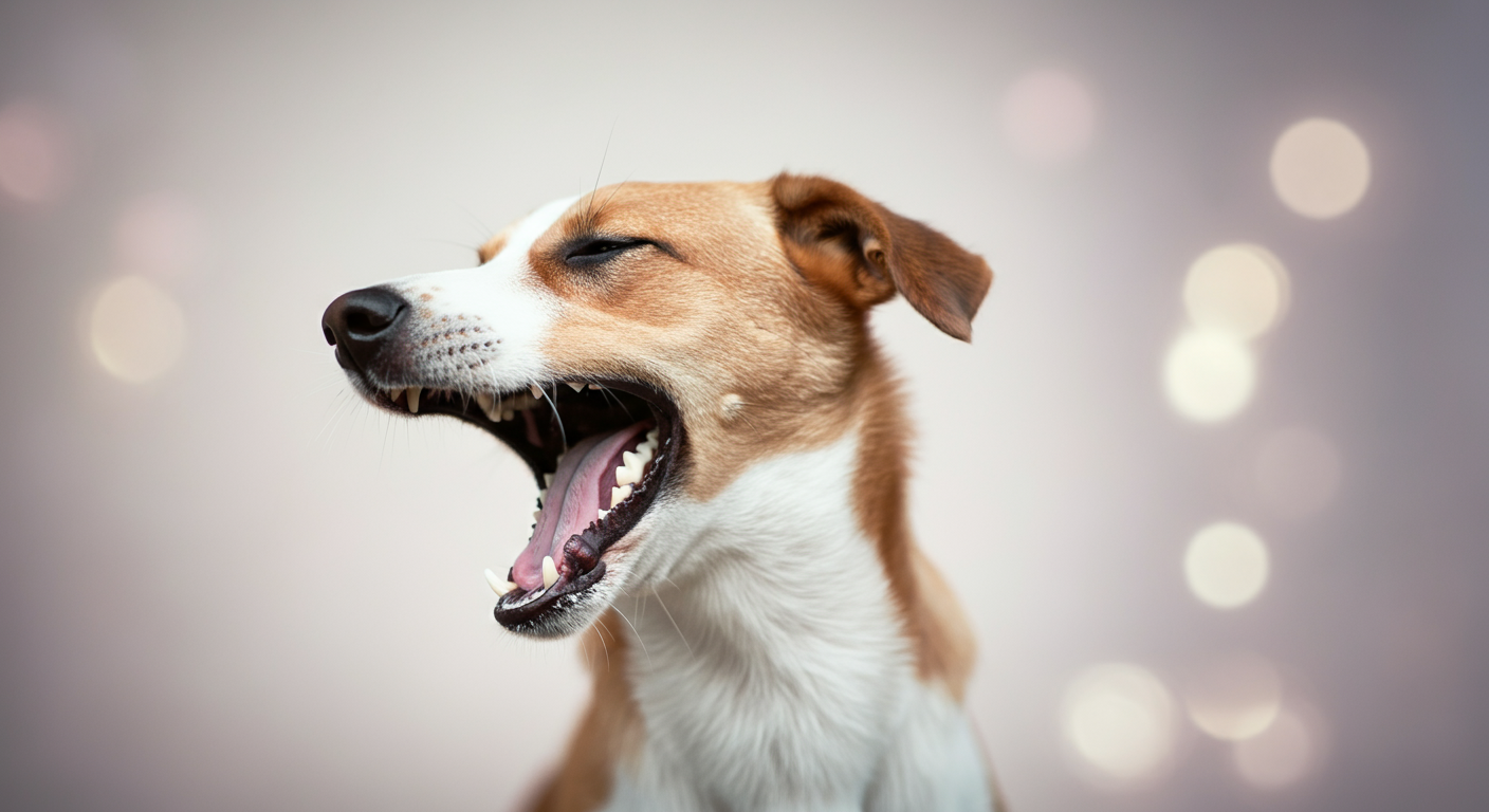 犬が大きくあくびをしている口元のクローズアップ。