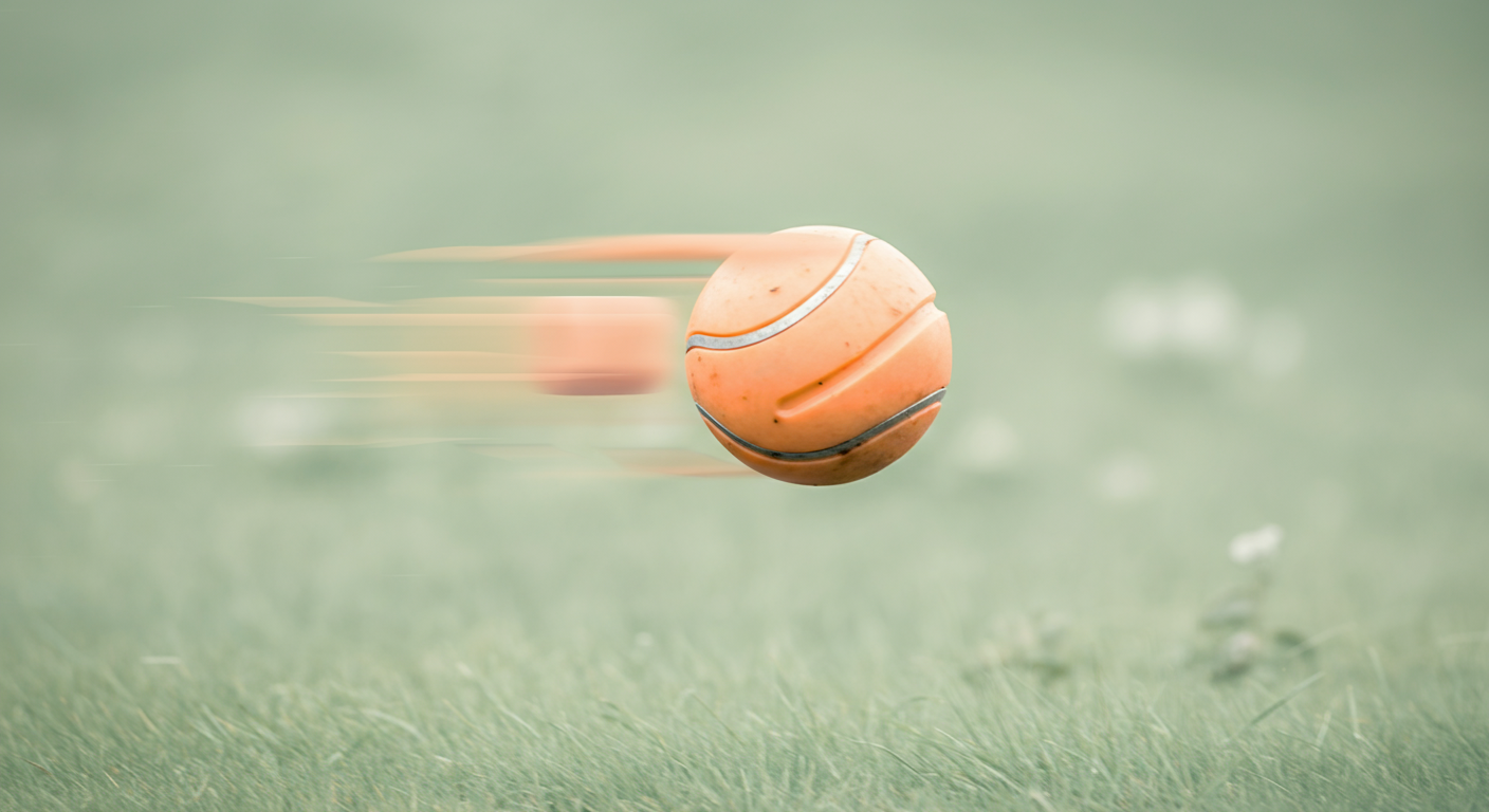 ドッグランの芝生を猛スピードで飛んでいく硬いボールを、モーションブラーで捉えた抽象的な写真。