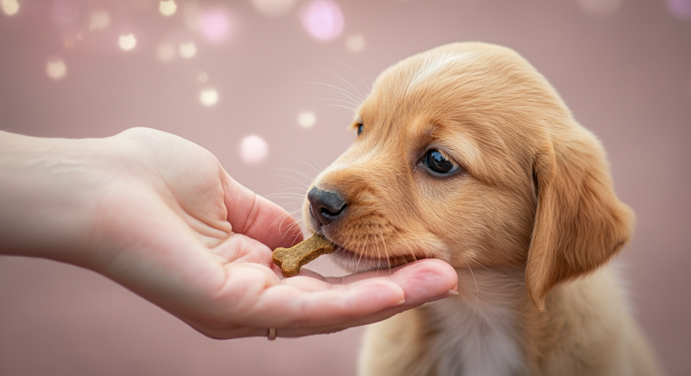 人の手が差し出したおやつを、子犬が鼻先で優しく受け取ろうとしている瞬間のクローズアップ写真。