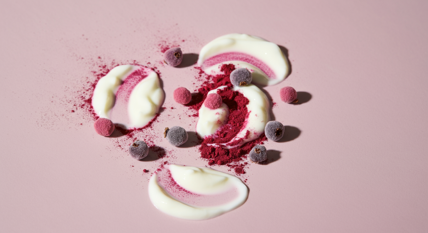 ヨーグルトとベリーパウダーで作られた抽象的な形がパステルカラーの表面に配置されたアート写真。善玉菌と腸内環境のバランスを表現している。