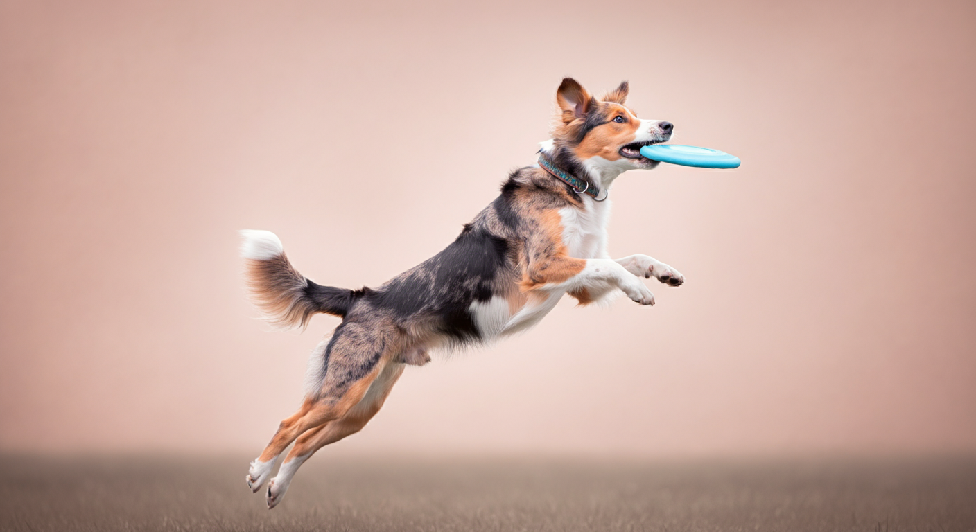 フリスビーに向かって優雅にジャンプする犬の、動きがブレたアーティスティックな空中写真。