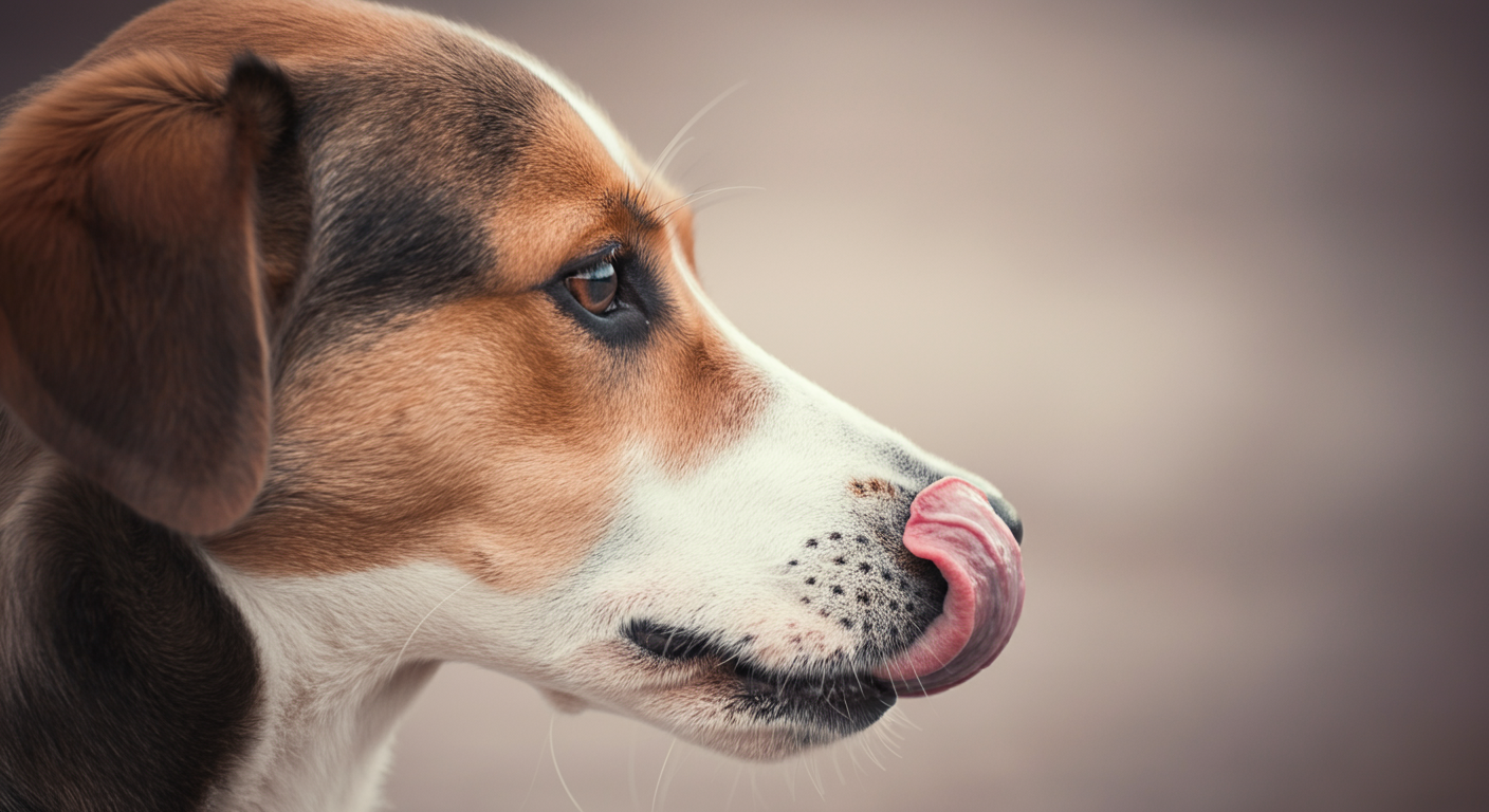 パステルカラーの柔らかい光の中、犬がリラックスした表情で舌なめずりをしている様子のクローズアップ。