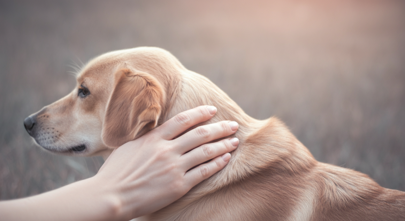 落ち着いている一匹の犬の背中を、飼い主の手が優しく撫でているクローズアップ写真。犬の毛の柔らかな質感が伝わる。