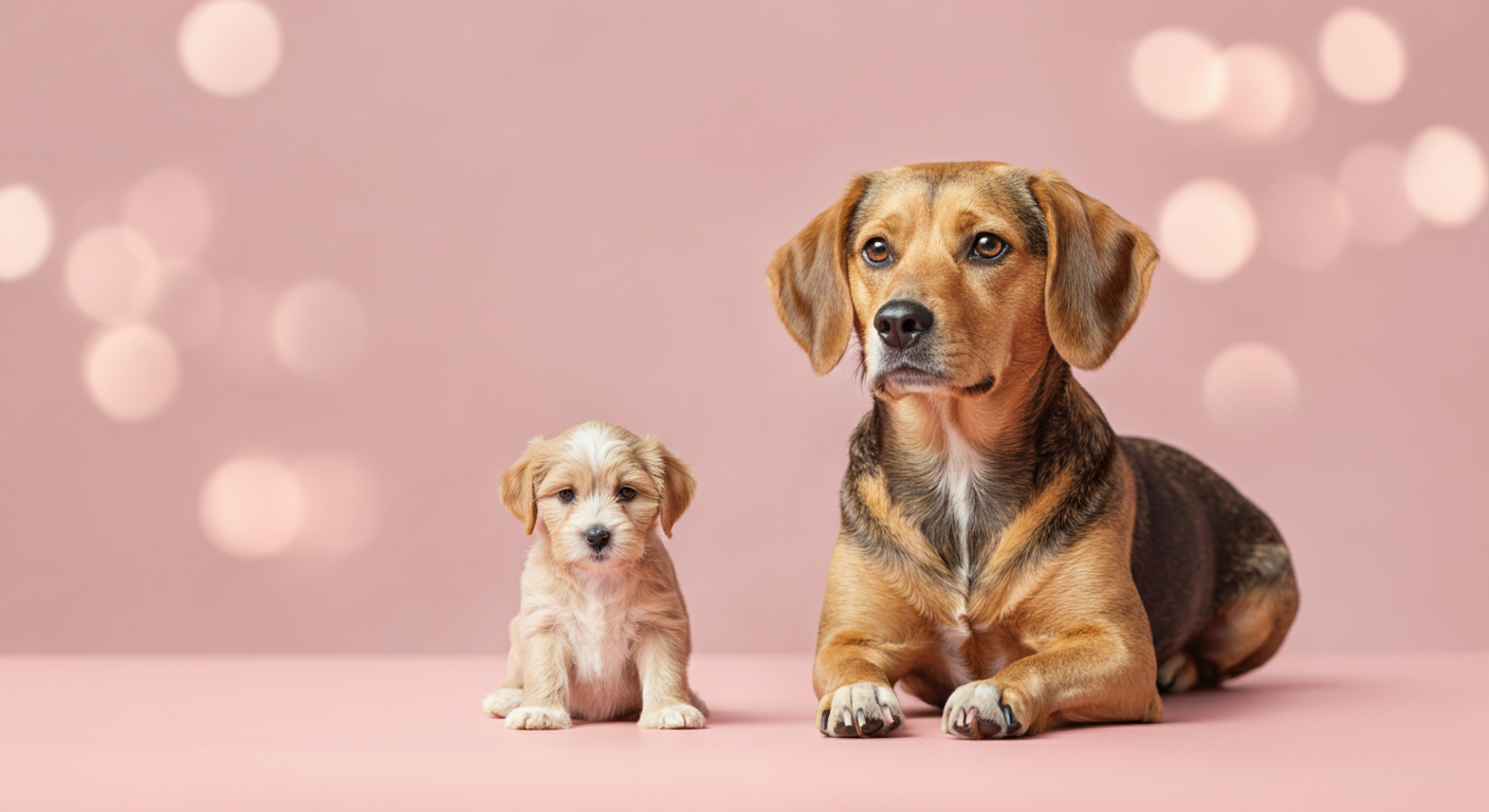 子犬用と成犬用のサイズの違うおやつが並べられ、大きさの違いを表現している
