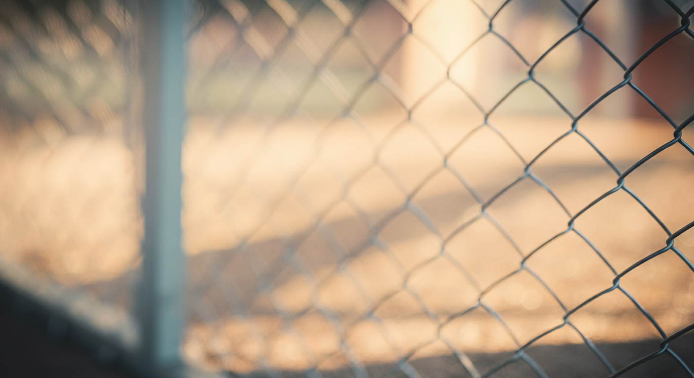 午後の光が差し込む、誰もいないドッグランのフェンスの一部