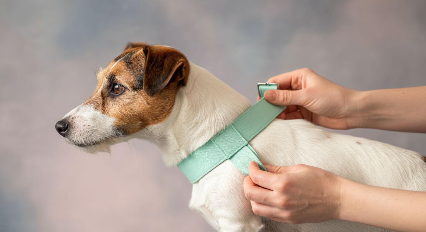 落ち着いている犬の腰に、人が優しくマナーベルトを巻き付けている様子を捉えたクローズアップ写真。