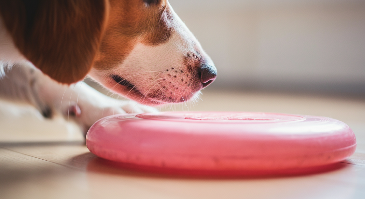 パステルピンクのフリスビーの匂いを嗅ぐ犬の鼻先のクローズアップ写真。