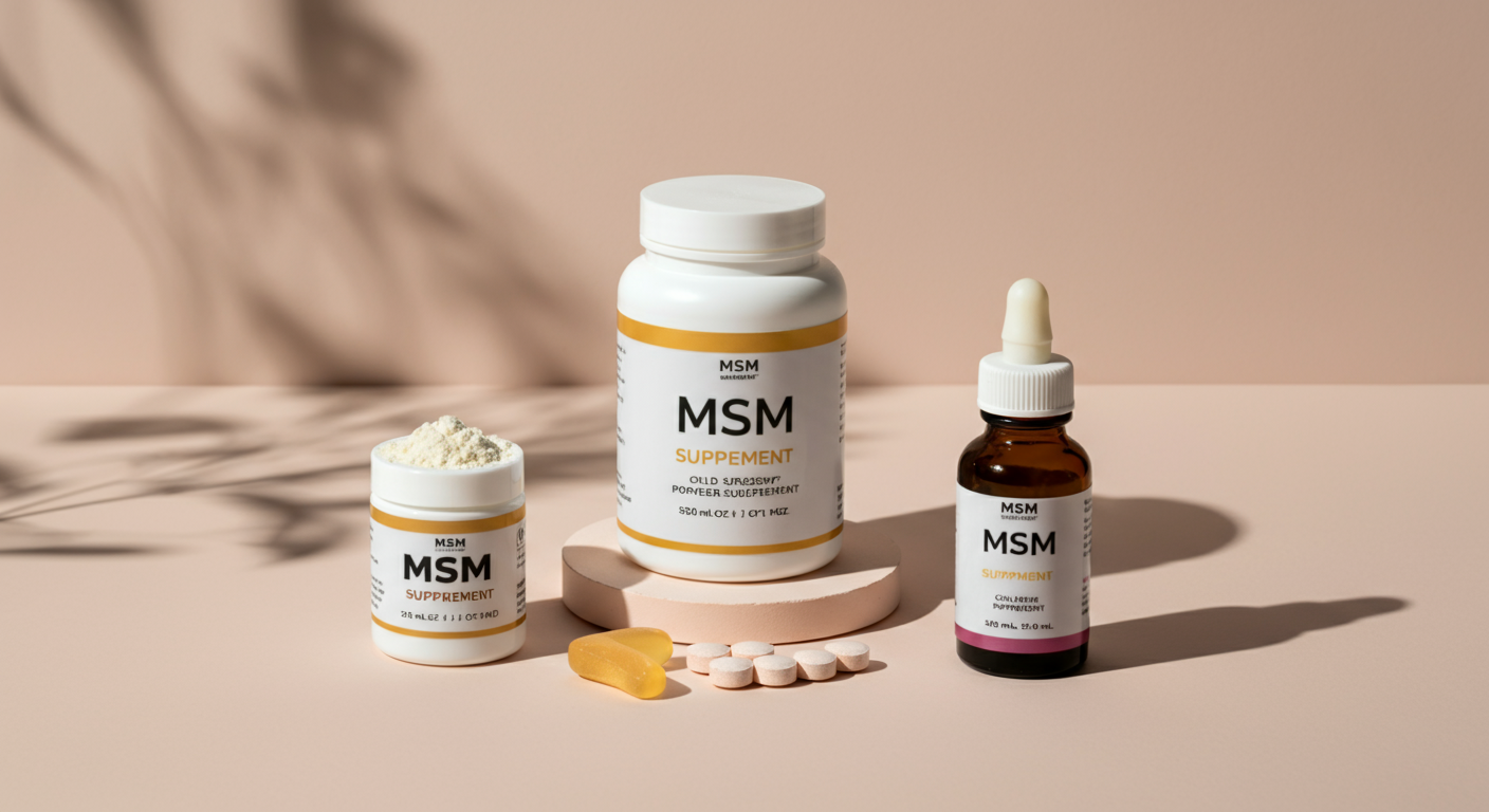 ミニマルなデザインのテーブルの上に、粉末、チュアブル錠、液体タイプの3種類のMSMサプリメントが並べられている。