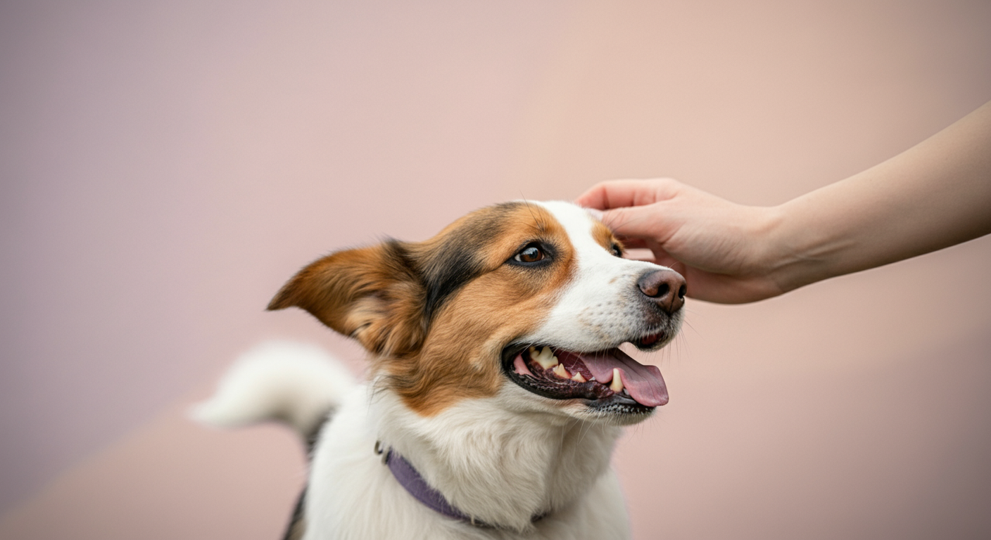 犬のおやつの代わりに、飼い主が犬の耳の後ろを優しく撫でている愛情深い様子の写真。