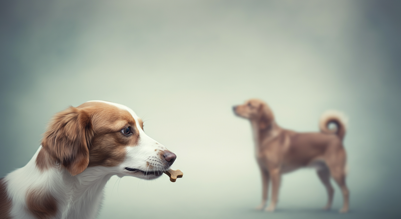 飼い主の持つおやつに集中している一匹の犬。背景には、水彩画のように他の犬のシルエットが完全にぼやけて写っている。