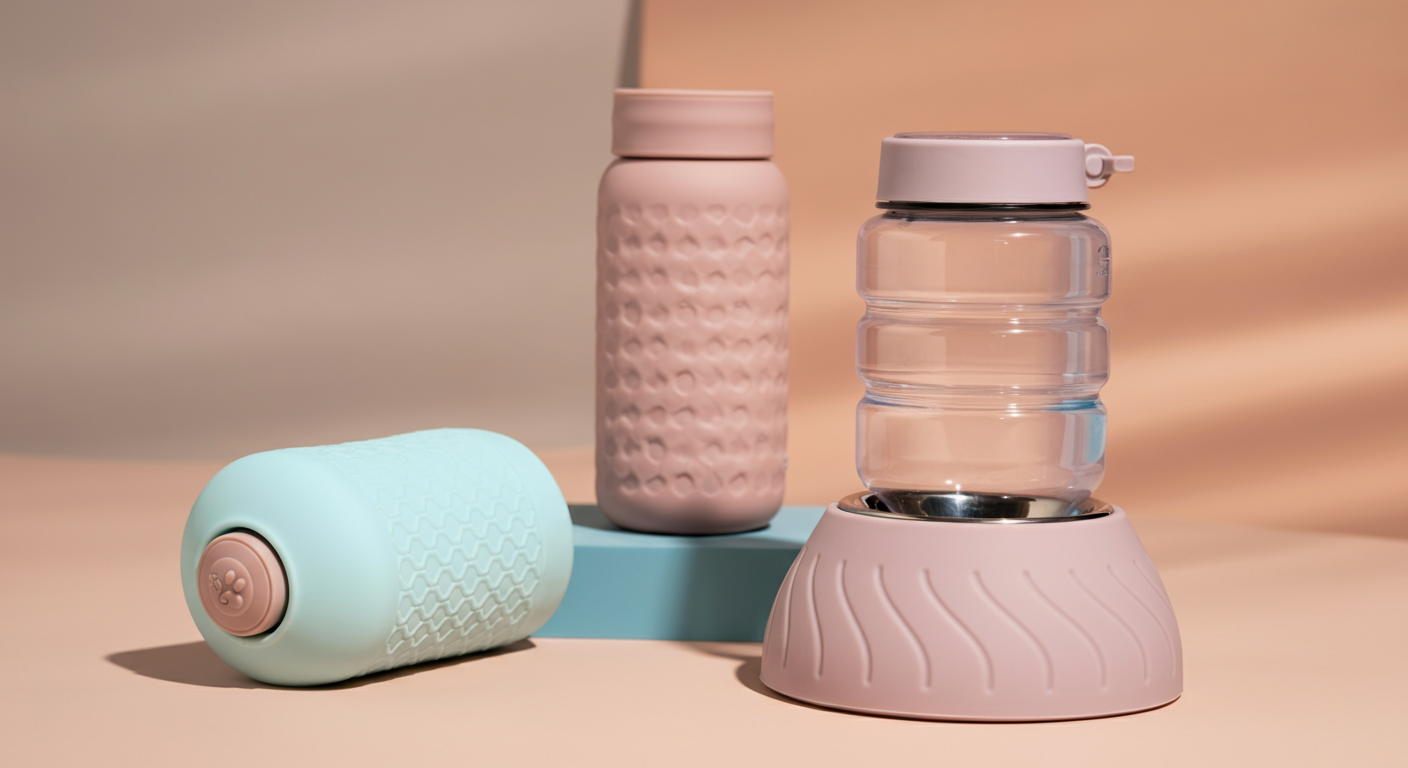 素材や形の違う3種類のパステルカラーの犬用給水ボトルが並んでいる様子。