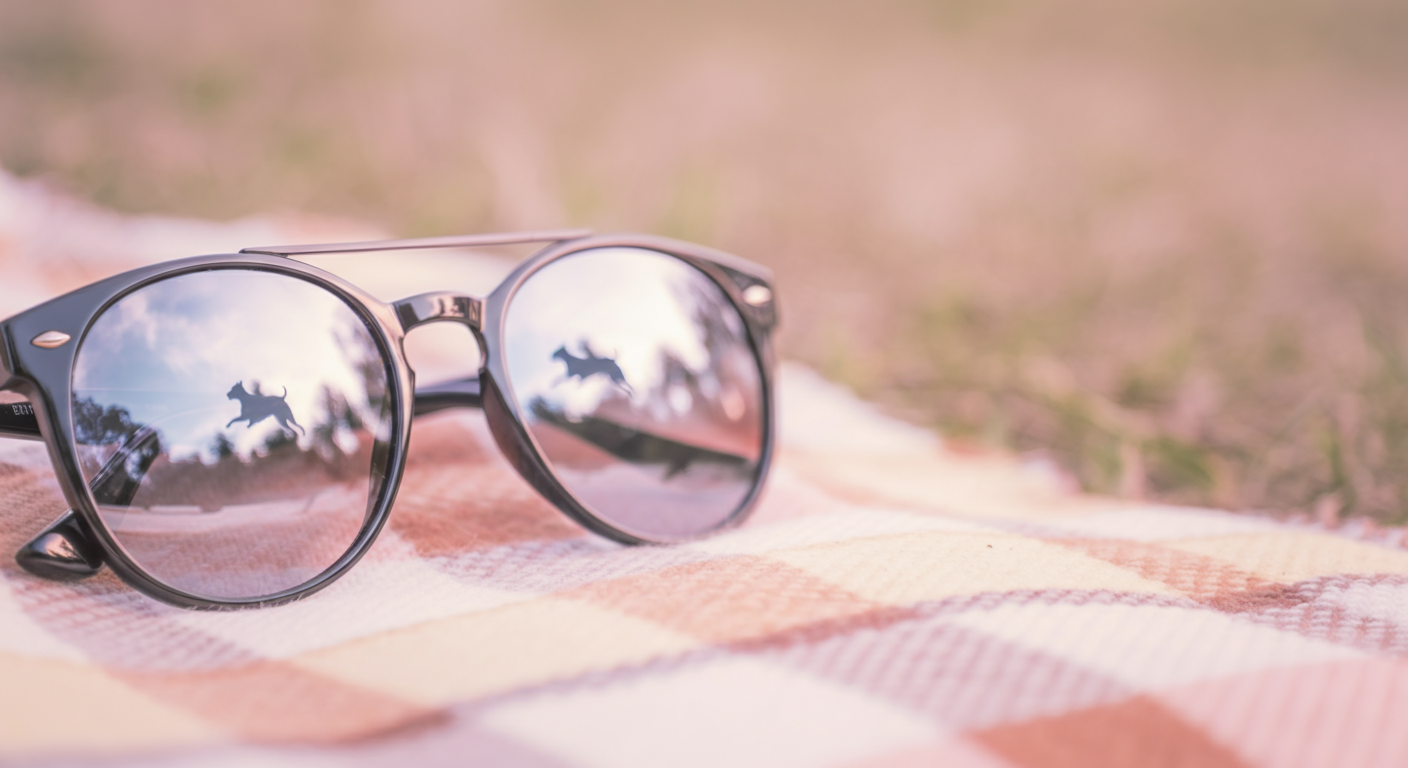 ピクニックシートの上に置かれたサングラス。レンズに犬の姿がぼんやりと映っている。