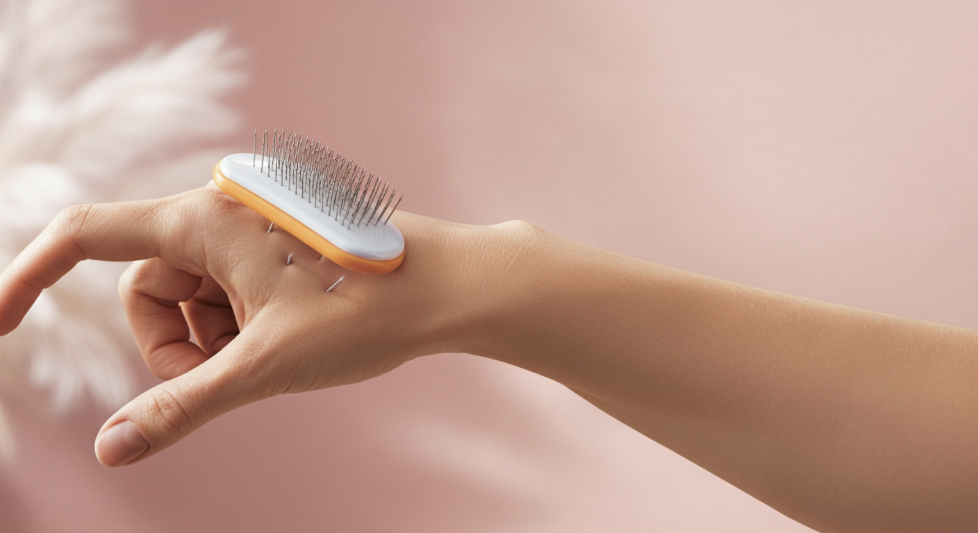 自分の手の甲にスリッカーブラシを当てて圧力を確認している様子。