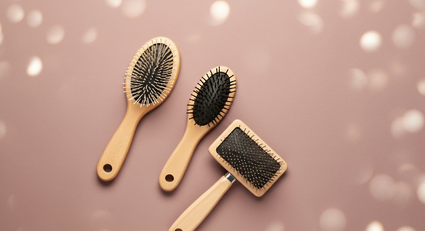 パステルピンクの背景に並べられた3種類のドッグブラシ。