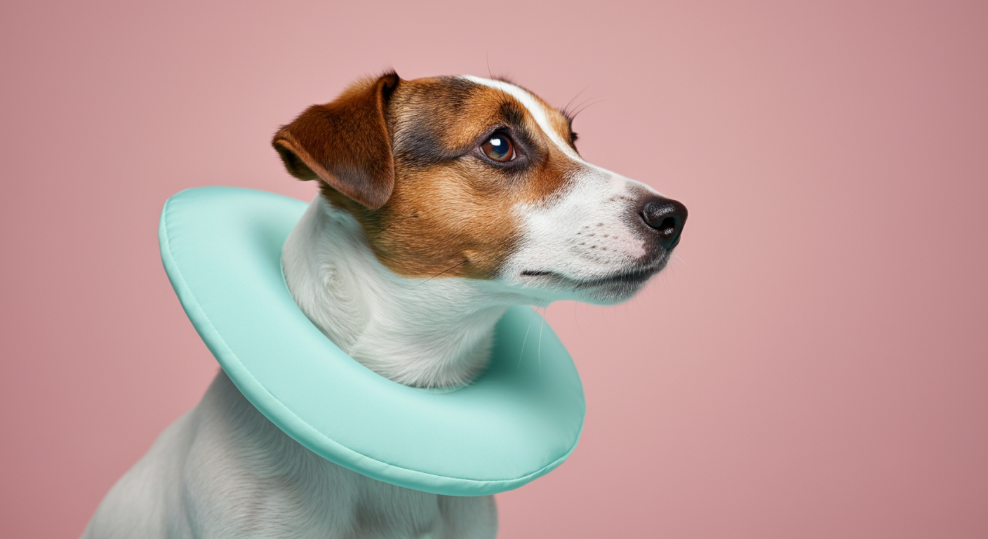 ミントグリーンのクールネックをつけたおしゃれな犬の首元のクローズアップ。背景はパステルピンク。